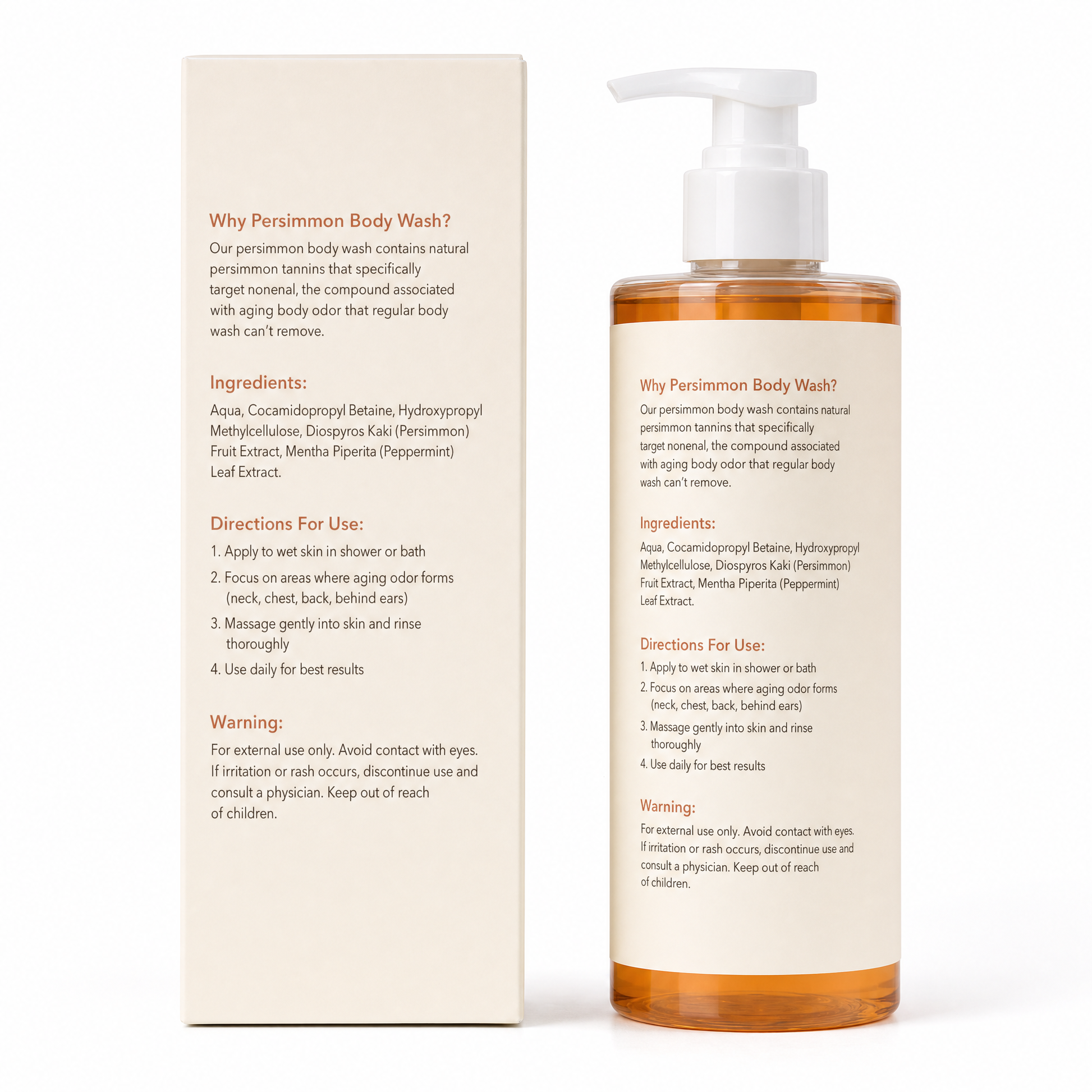 persimo Persimmon Body Wash back label with carton - ingredients, directions, warning