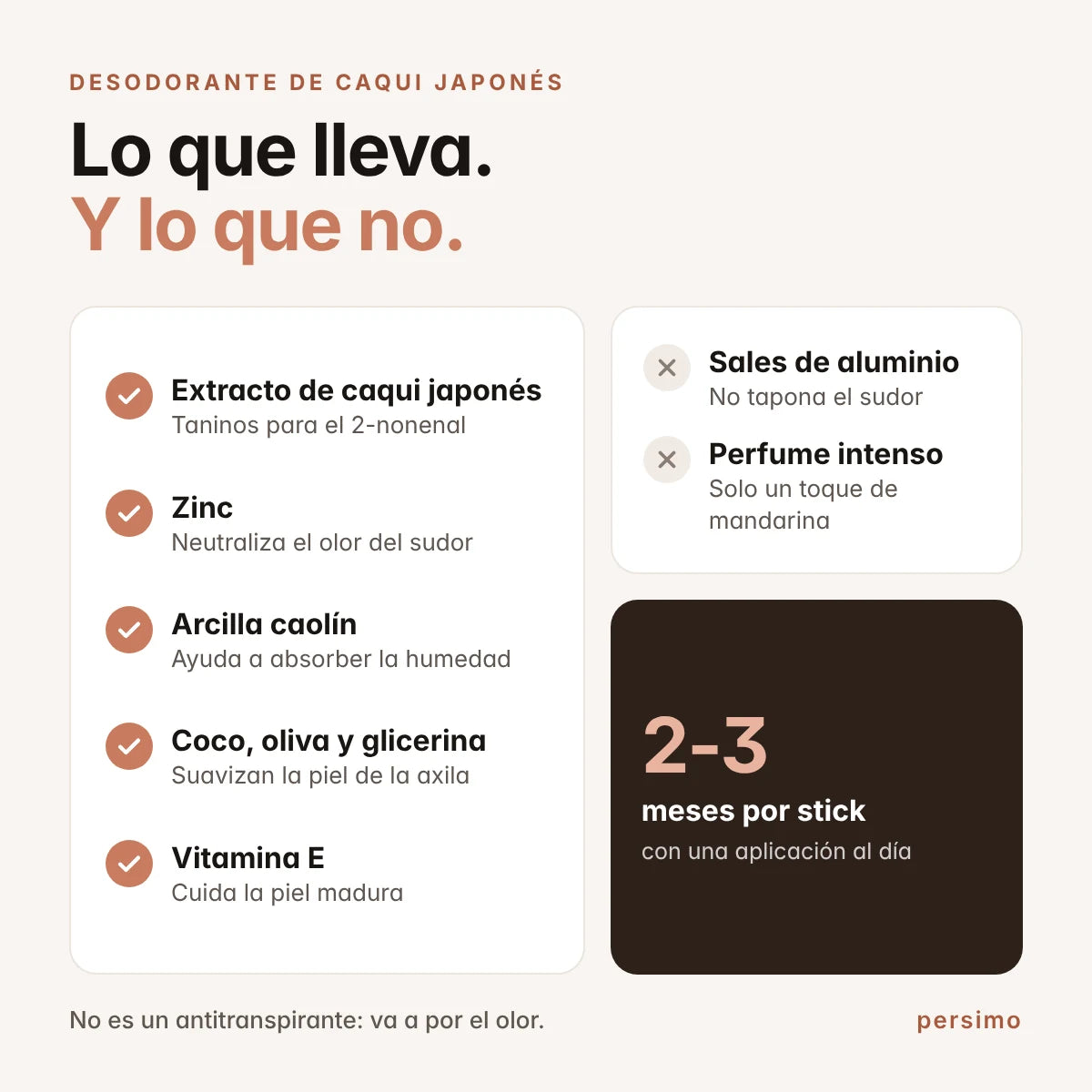 Desodorante de caqui japonés: lo que lleva y lo que no. Sin aluminio, dura 2 o 3 meses.