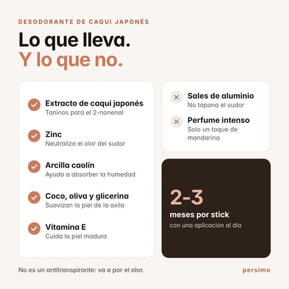Desodorante de caqui japonés: lo que lleva y lo que no. Sin aluminio, dura 2 o 3 meses.