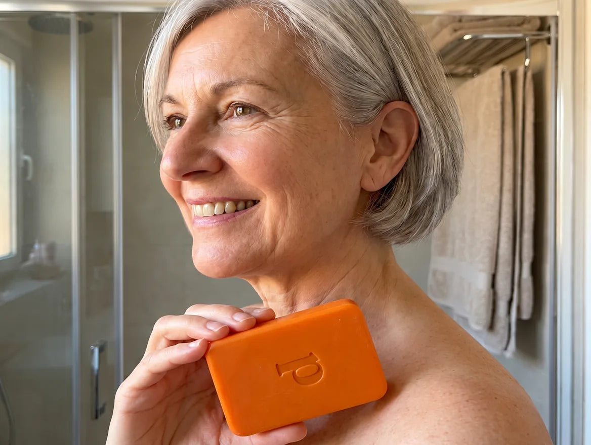 Mujer sonriendo con la pastilla de caqui Persimo en el baño